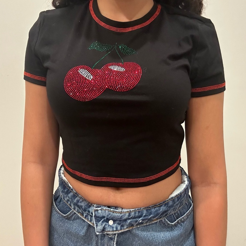 Bedazzled cherry black y2k top